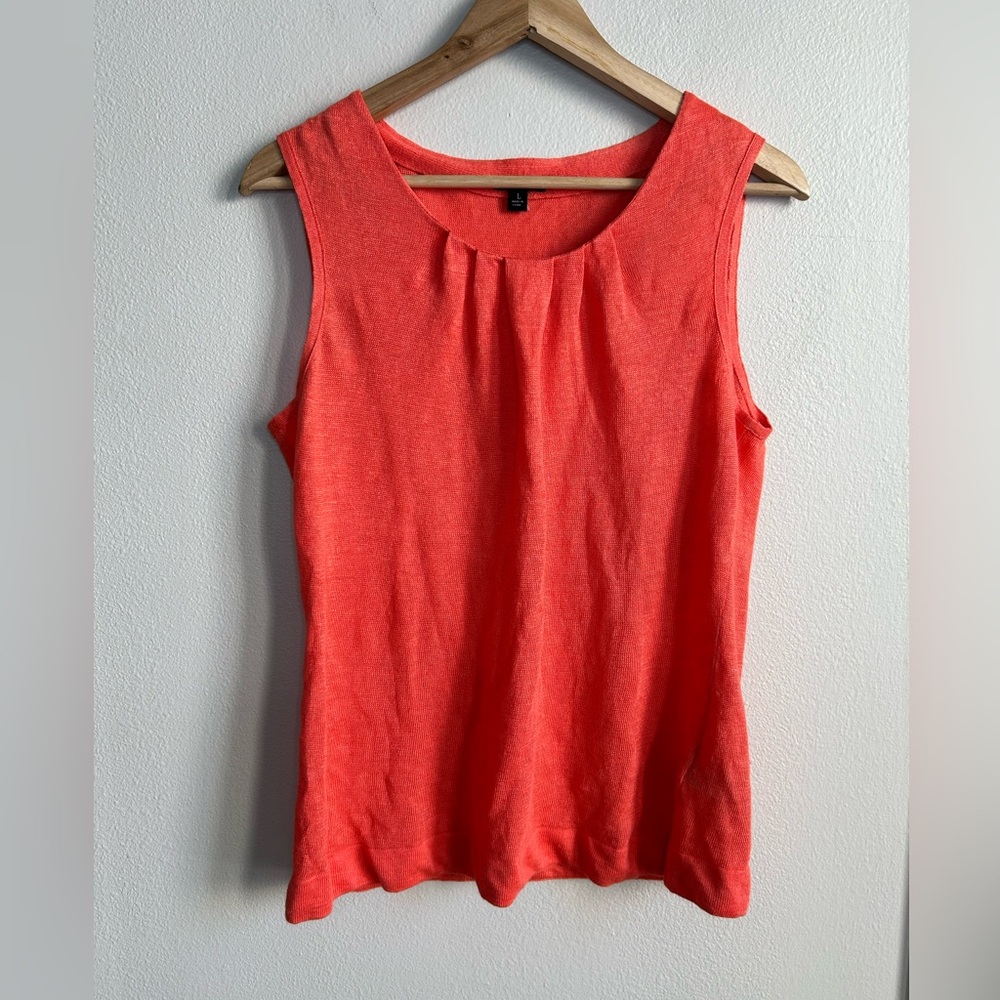 Lafayette 148 100% Linen Knit Tank Top Sleeveless Pleated Scoop Neck Coral Sz L